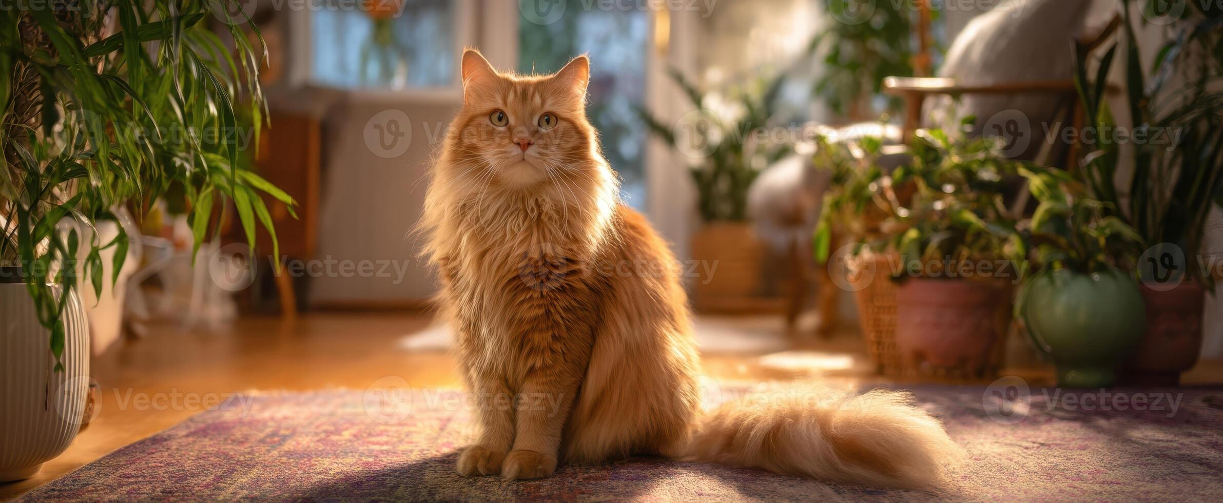 The majestic orange cat posing gracefully in a sunlit indoor garden. photo