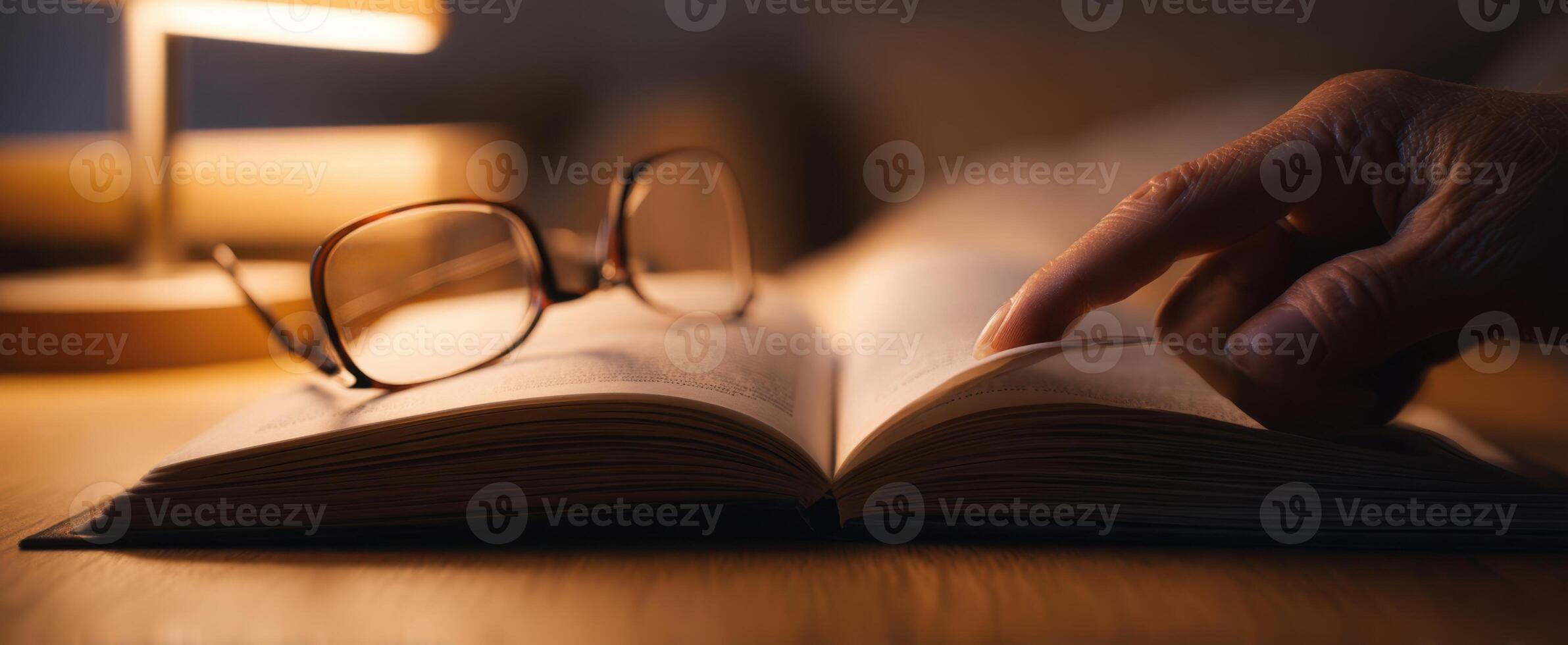 The open book with reading glasses inviting a moment of relaxation and reflection photo