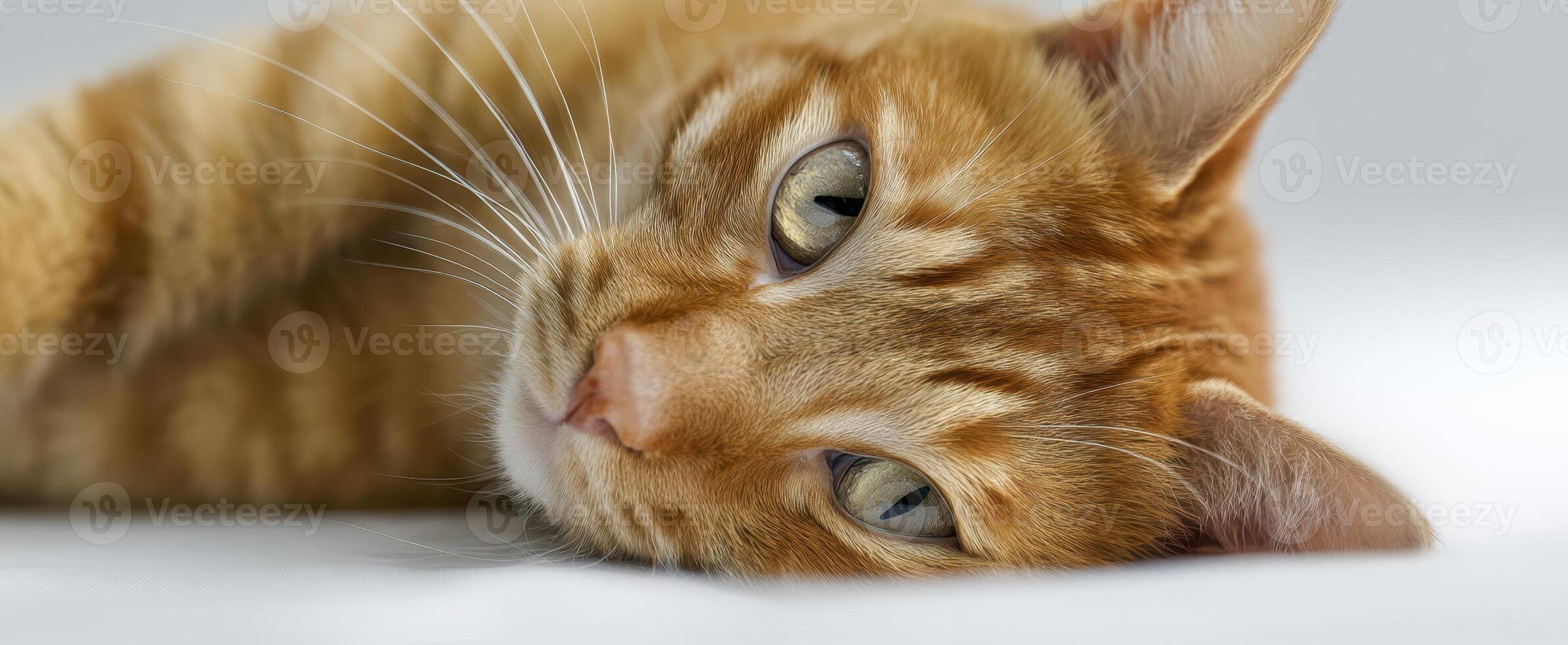 The playful orange cat resting comfortably on a soft surface. photo