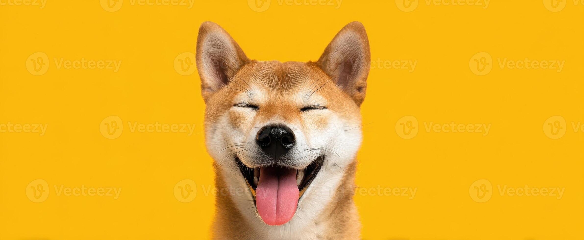 The happy shiba dog with a joyful expression against a vibrant yellow background. photo