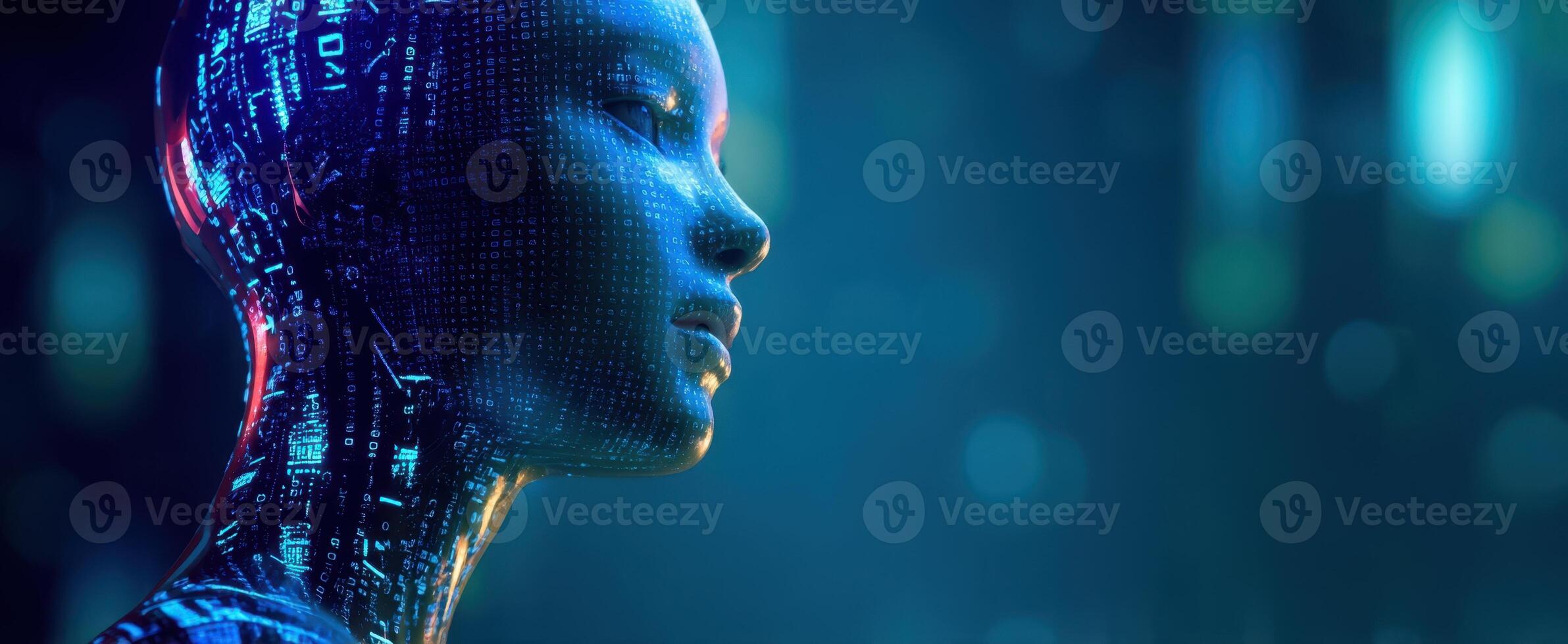 The futuristic digital robot profile with glowing circuitry and vibrant colors. photo