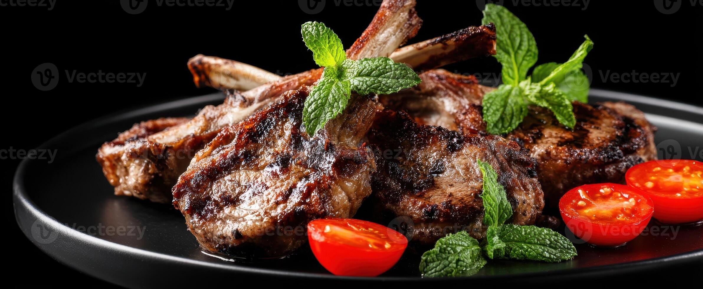The delectable grilled lamb chops garnished with fresh herbs and tomatoes. photo