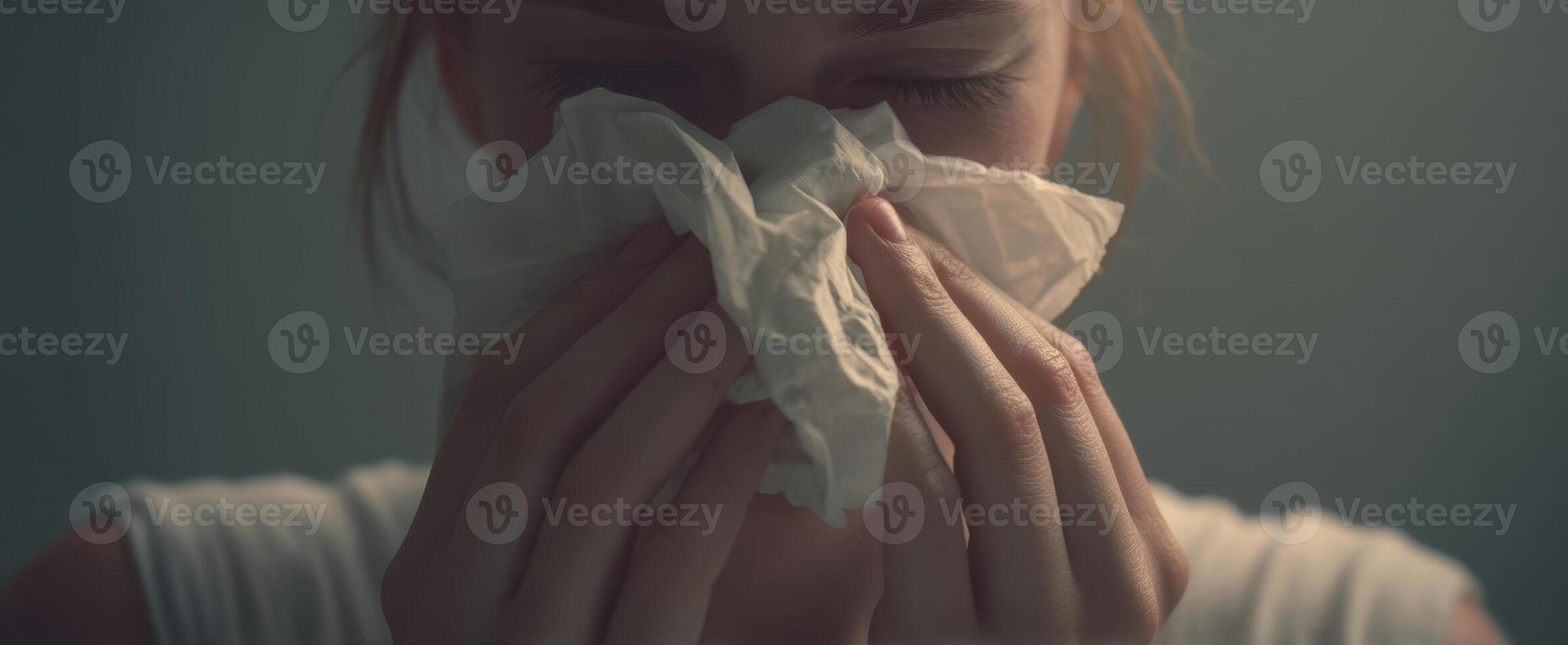 The emotional struggle of a woman holding a tissue in a moment of sadness. photo