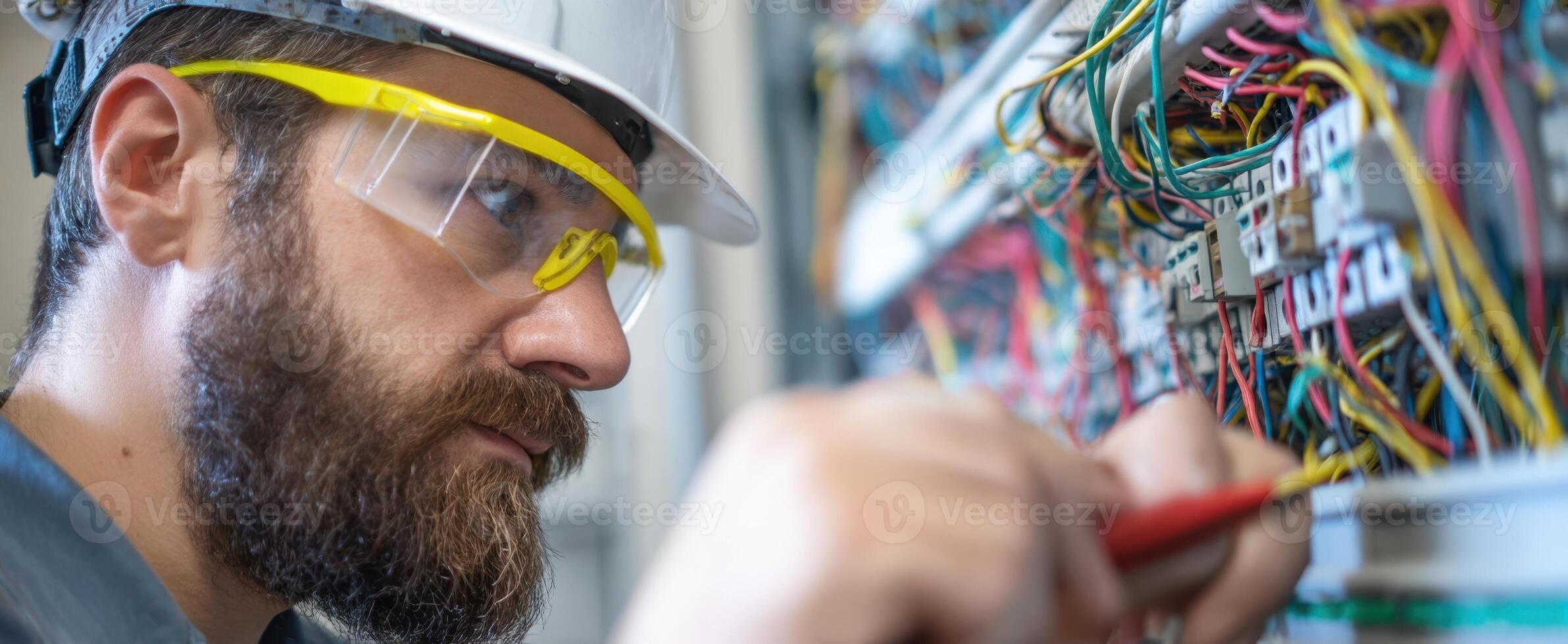 The electrician carefully inspects wiring in a commercial electrical panel. photo
