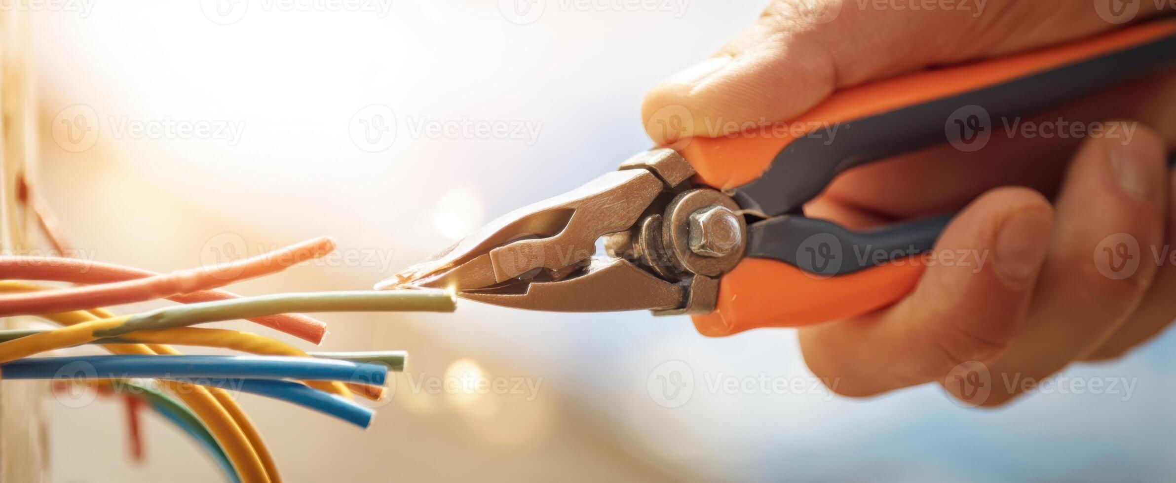 The skilled electrician using pliers to manipulate colorful wires for repairs. photo