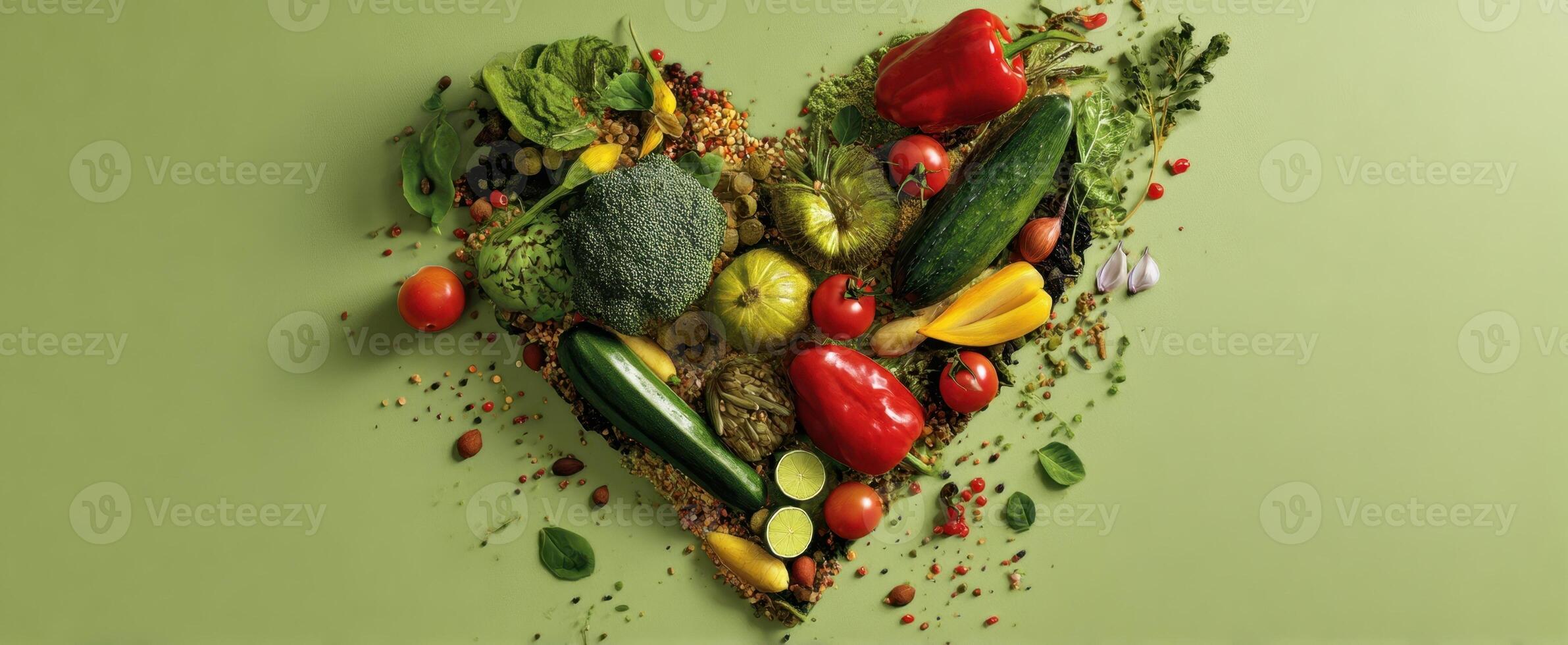 The vibrant heart-shaped arrangement of fresh vegetables on a green background. photo
