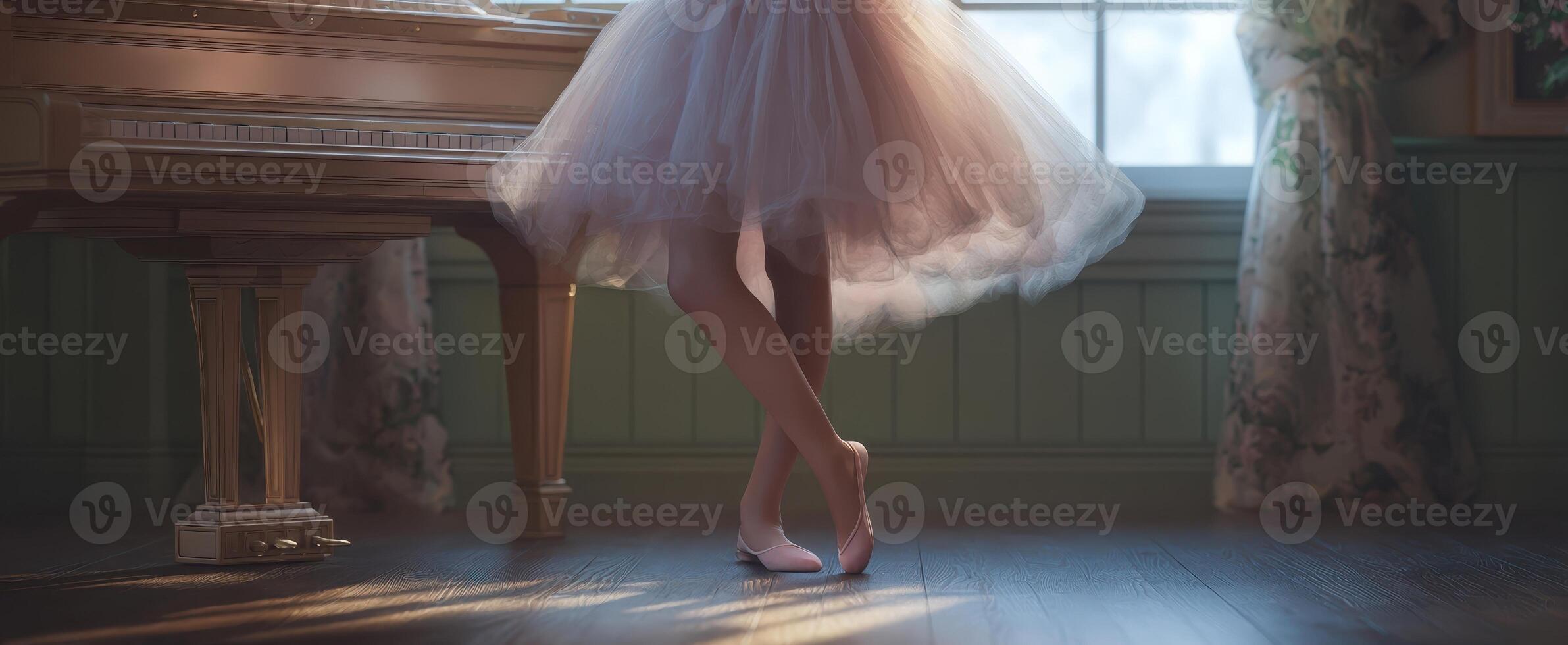 The graceful ballet dancer in a serene room near the piano. photo