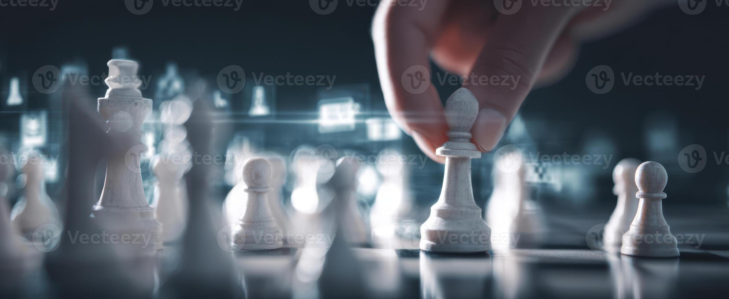 The hand moving a pawn in a strategic chess game against a digital backdrop. photo