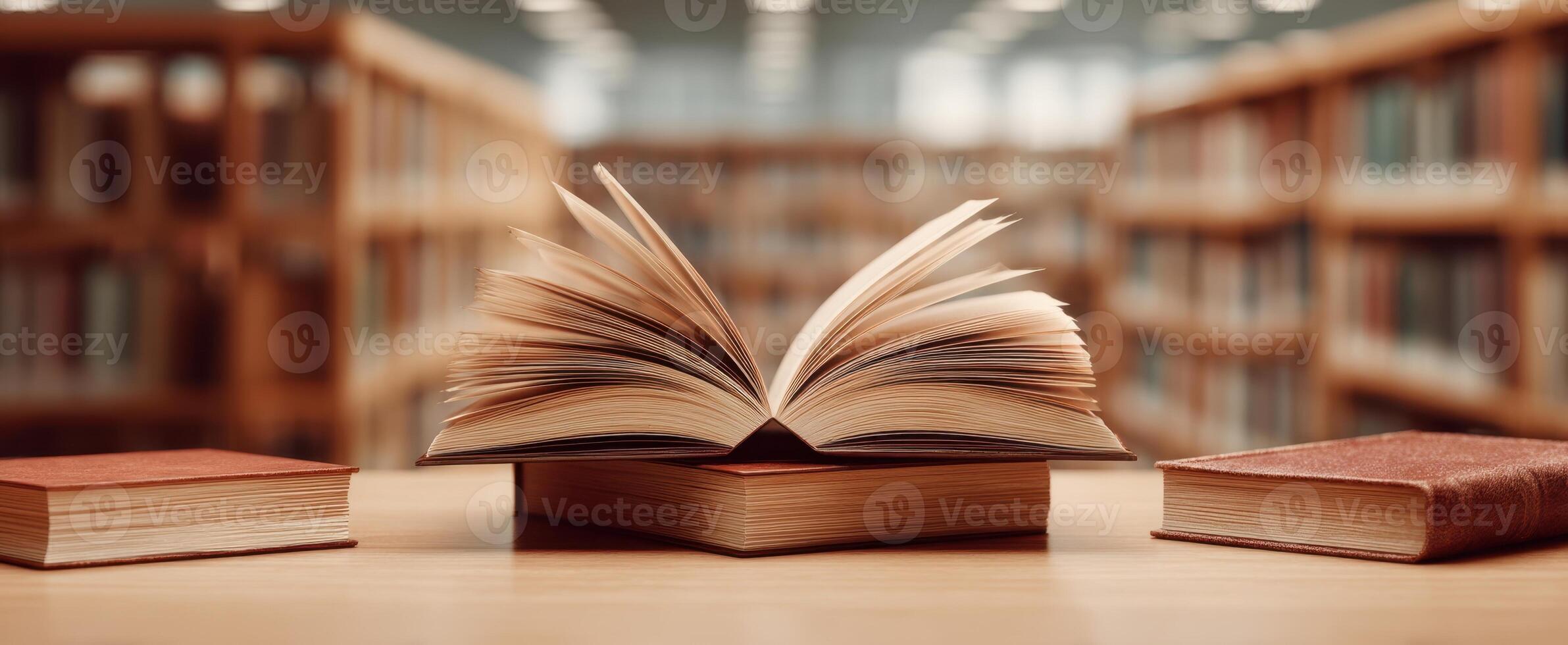 The Open Book on a Table Surrounded by Other Books in a Library Setting photo