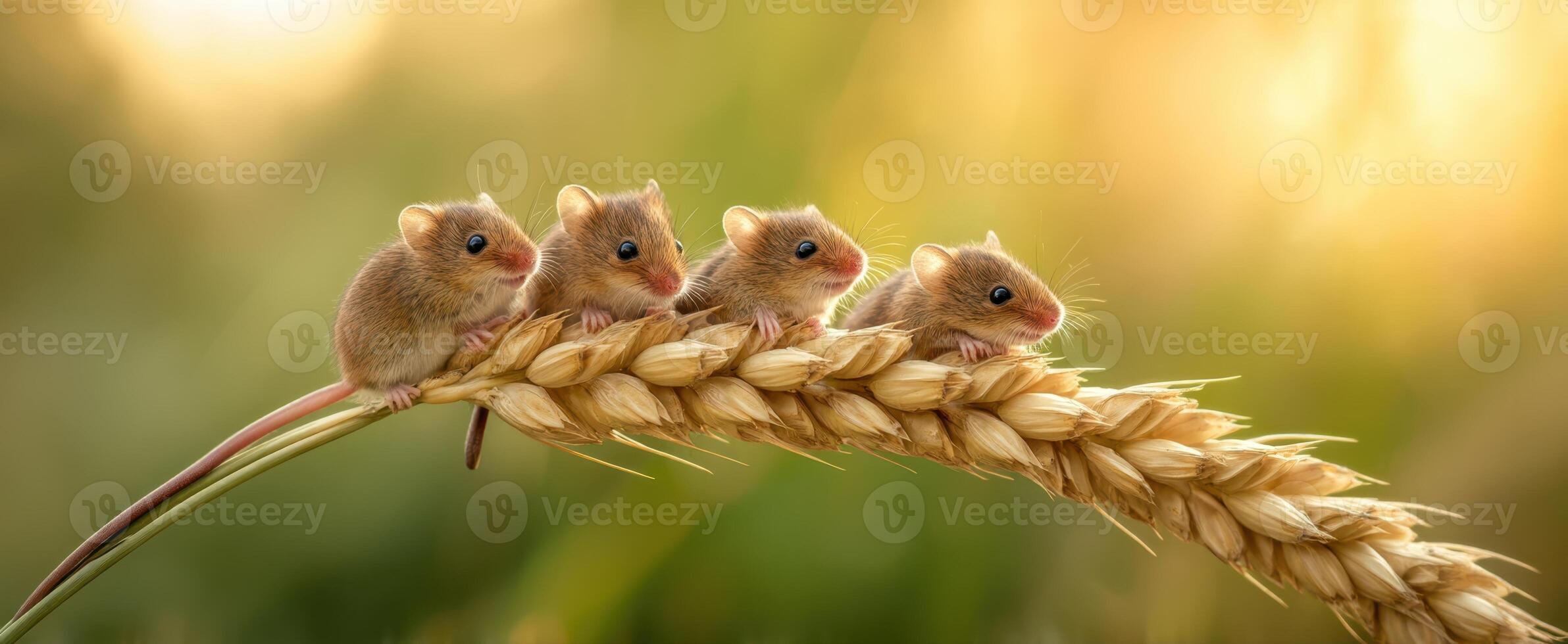 The charming family of mice perched on a golden wheat stalk at sunset. photo