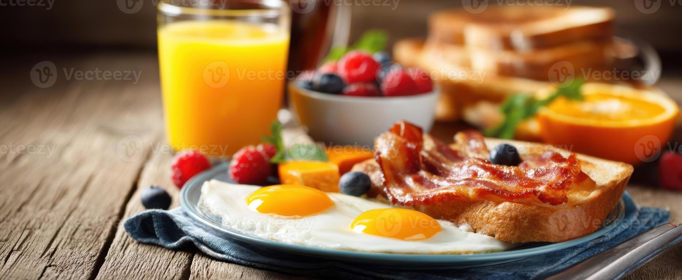 The mouthwatering breakfast platter featuring eggs, bacon, toast, and fresh fruits. photo