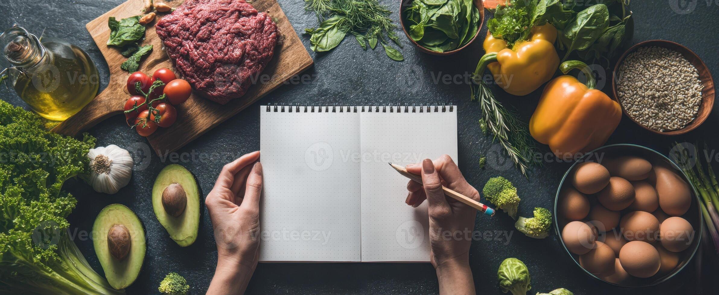 The creative kitchen setup with fresh ingredients and a blank recipe notebook. photo