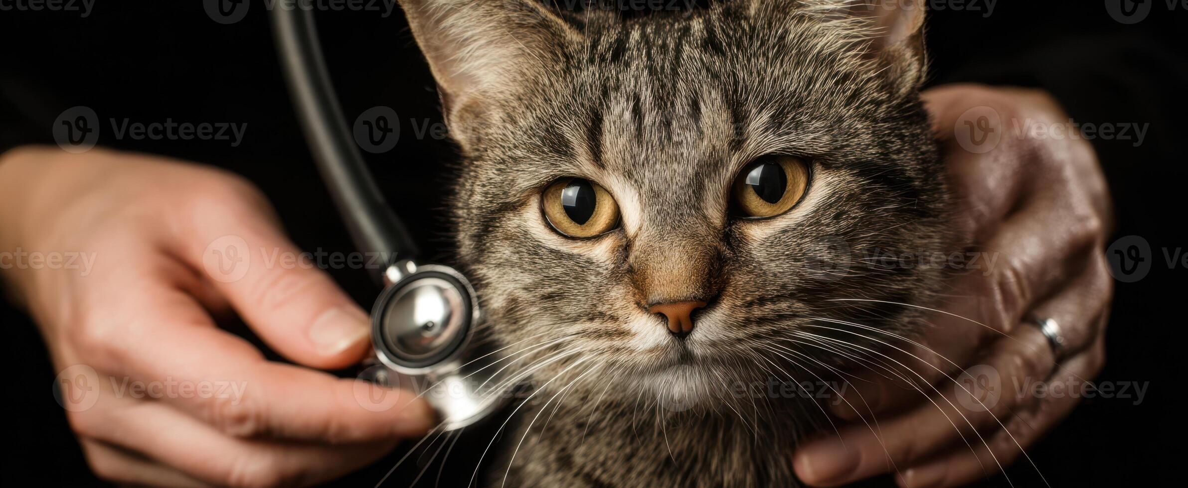 The attentive cat receiving care with a stethoscope by a veterinarian's hands. photo