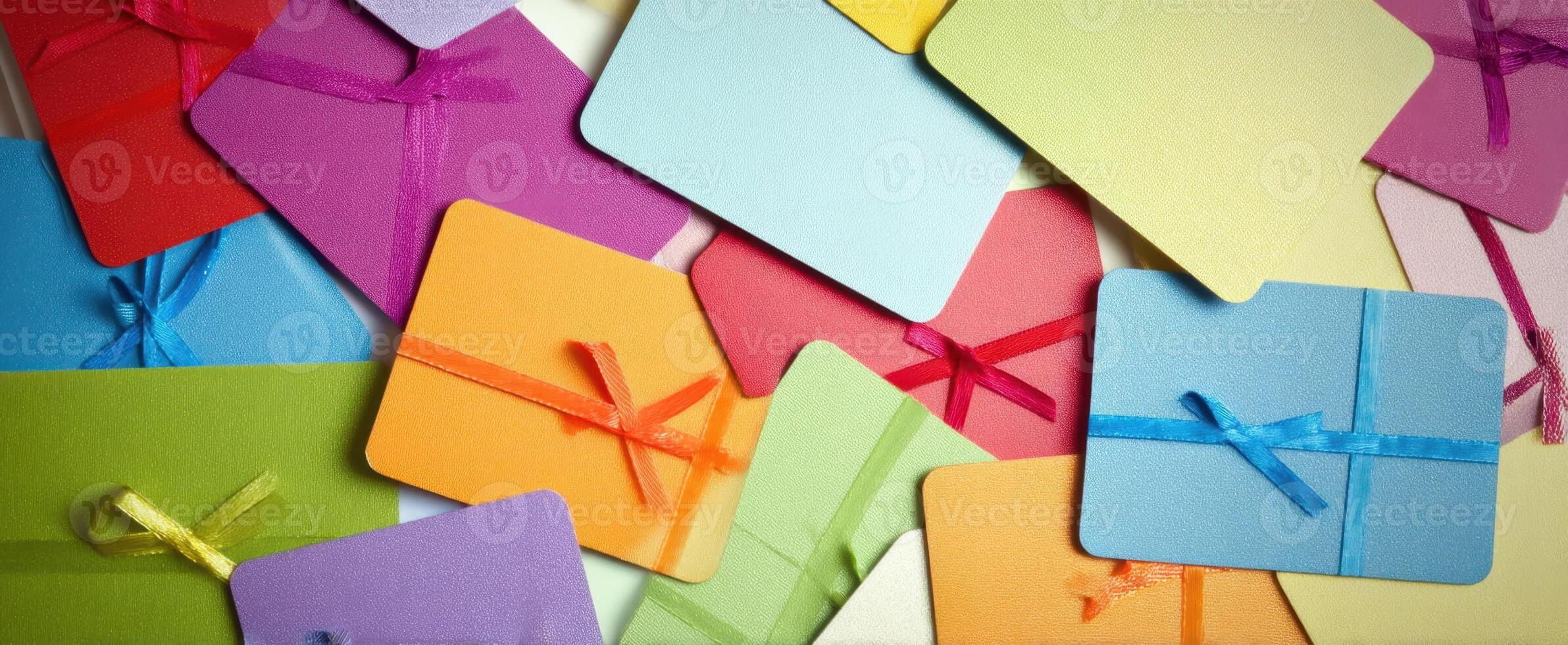 The vibrant collection of colorful gift cards with beautiful ribbons. photo