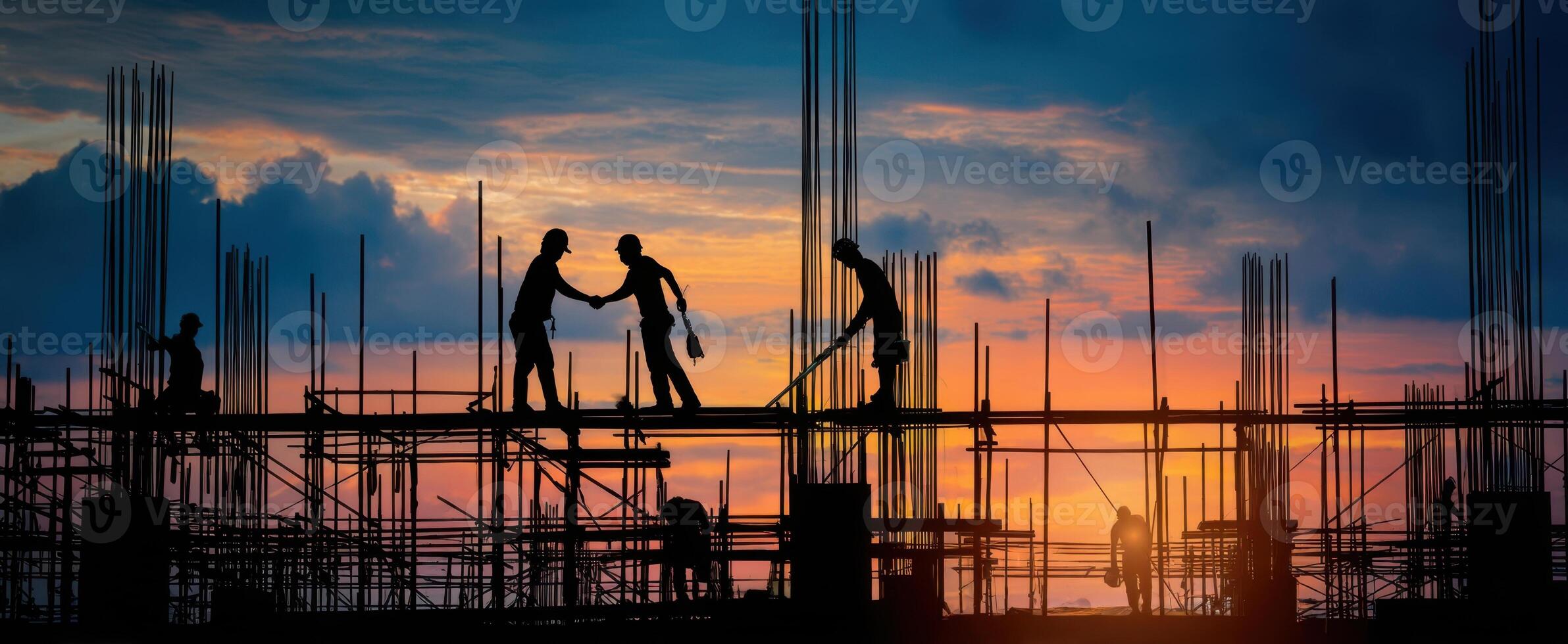 The workers collaborating on a construction site at sunset with vibrant skies. photo