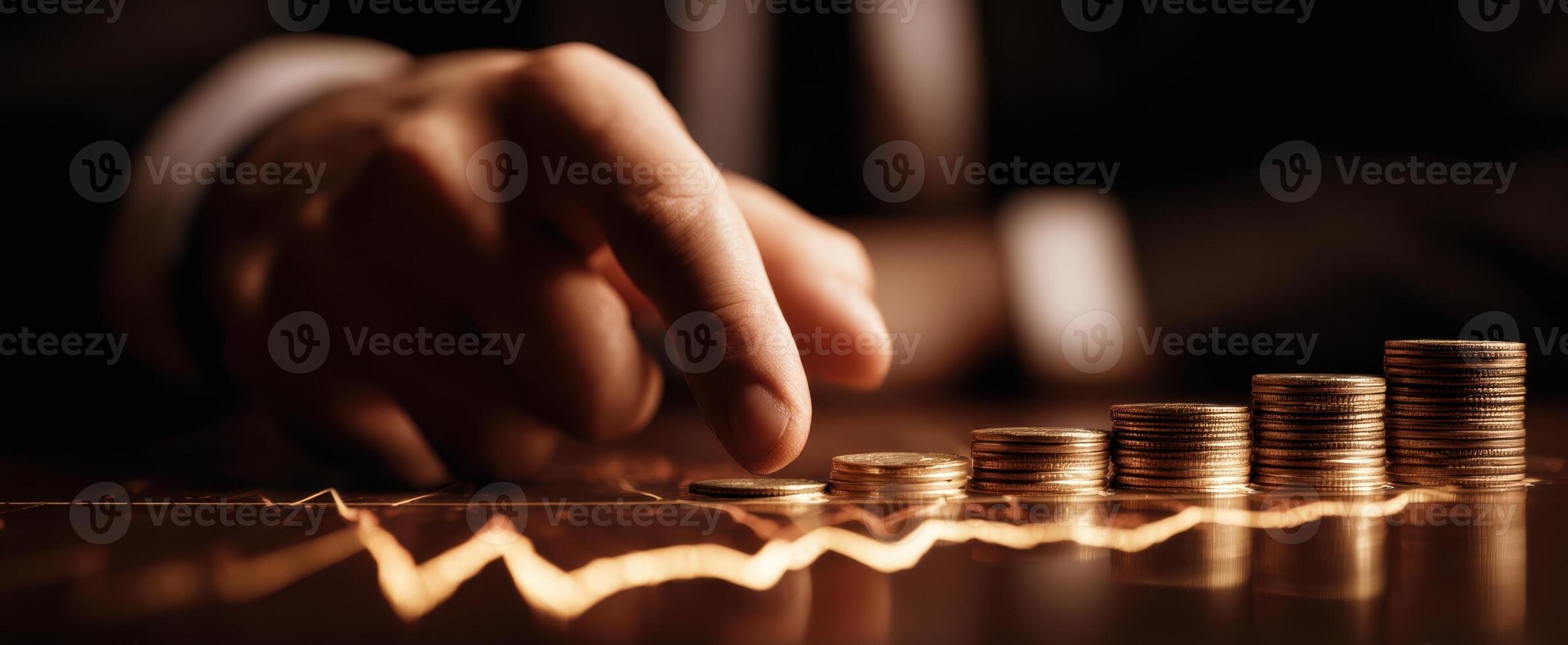 The meticulous hand analyzing rising financial growth with stacked coins. photo