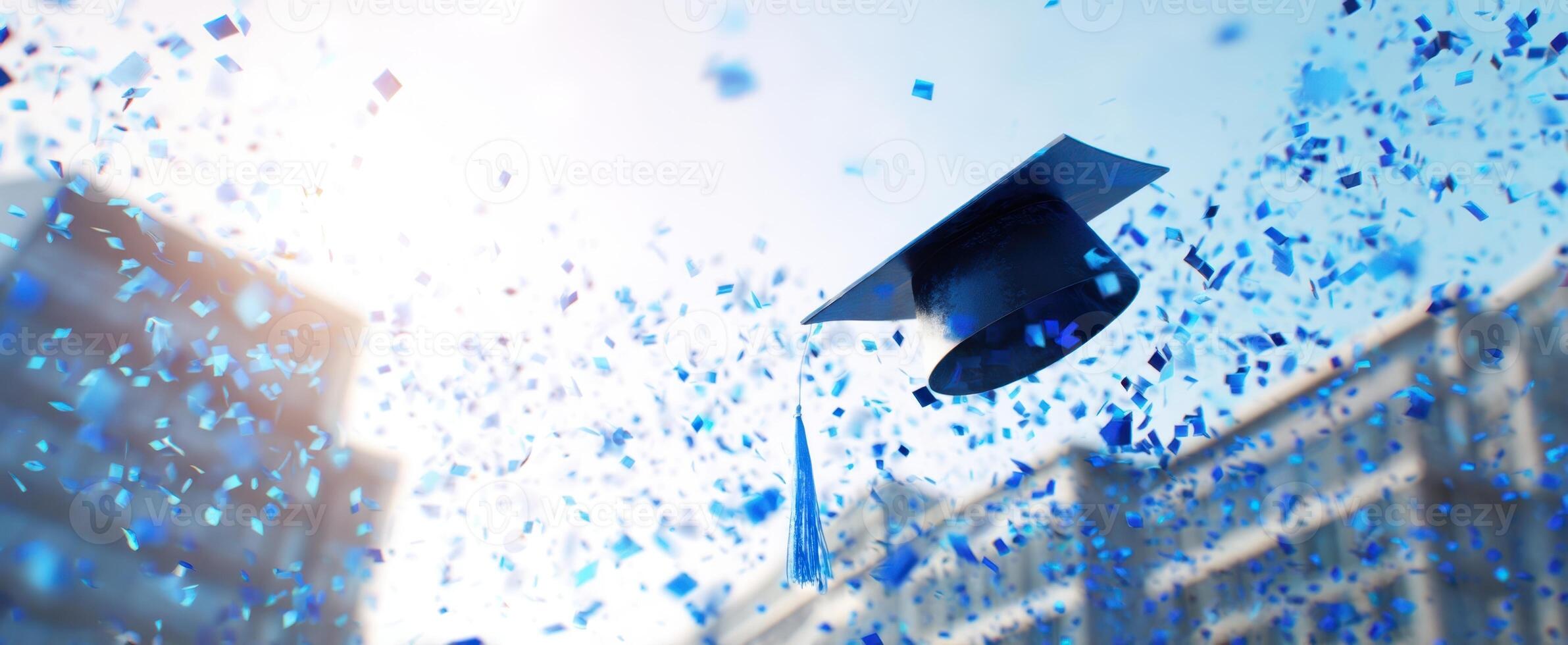 The graduation cap soaring through the air amidst a colorful confetti celebration. photo