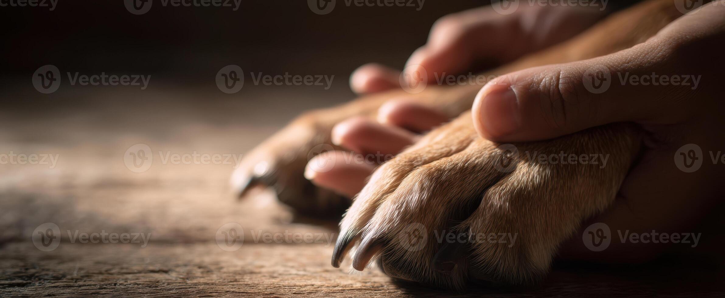The Loving Connection Between Human Hands and a Dog's Paw. photo