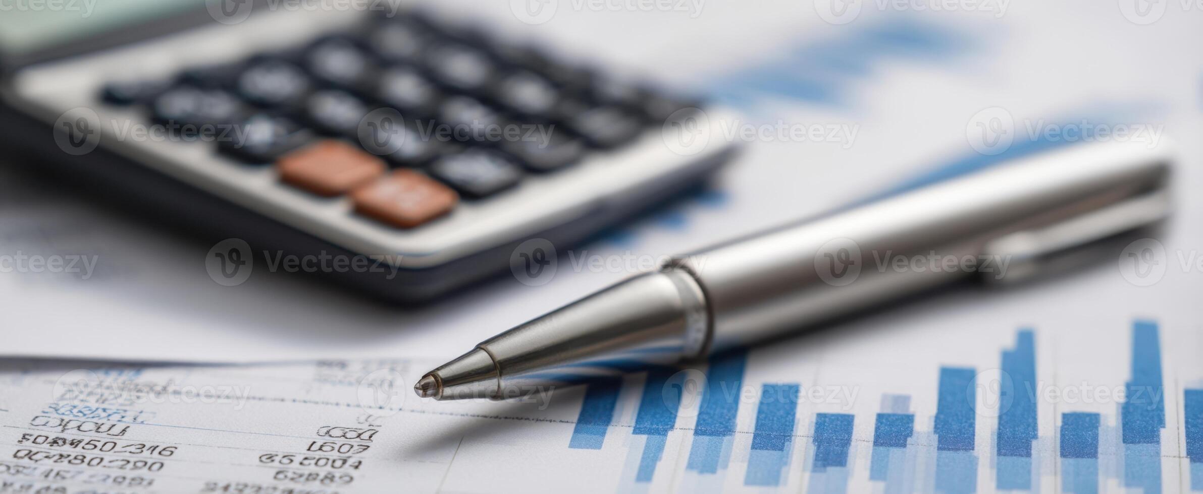 Pen and calculator on financial documents photo