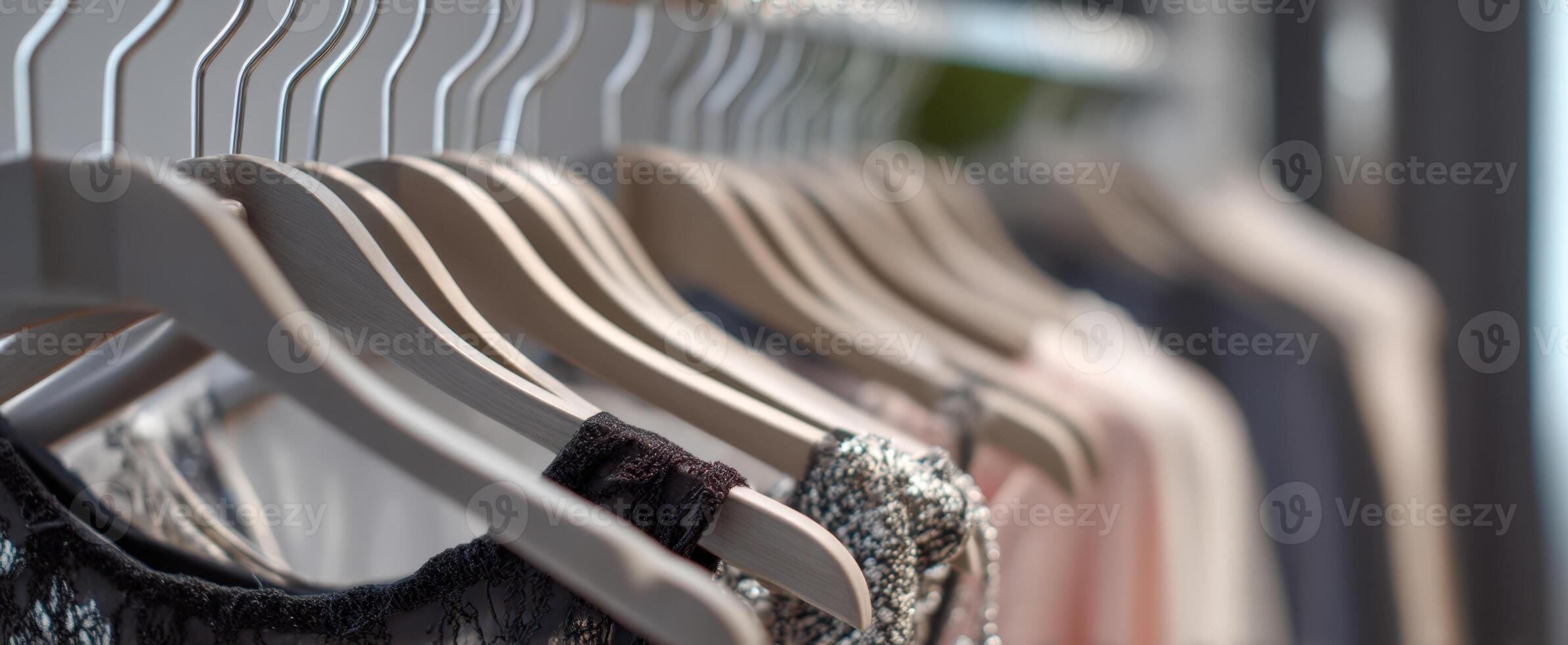 The elegant display of fashionable clothing on hangers in a boutique photo