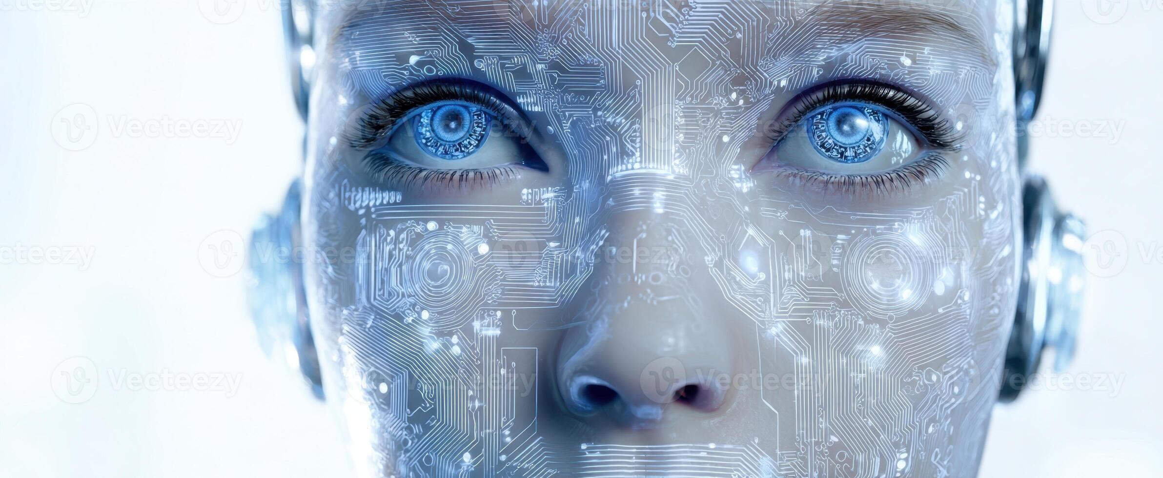 The futuristic robot face with digital circuits and glowing blue eyes. photo