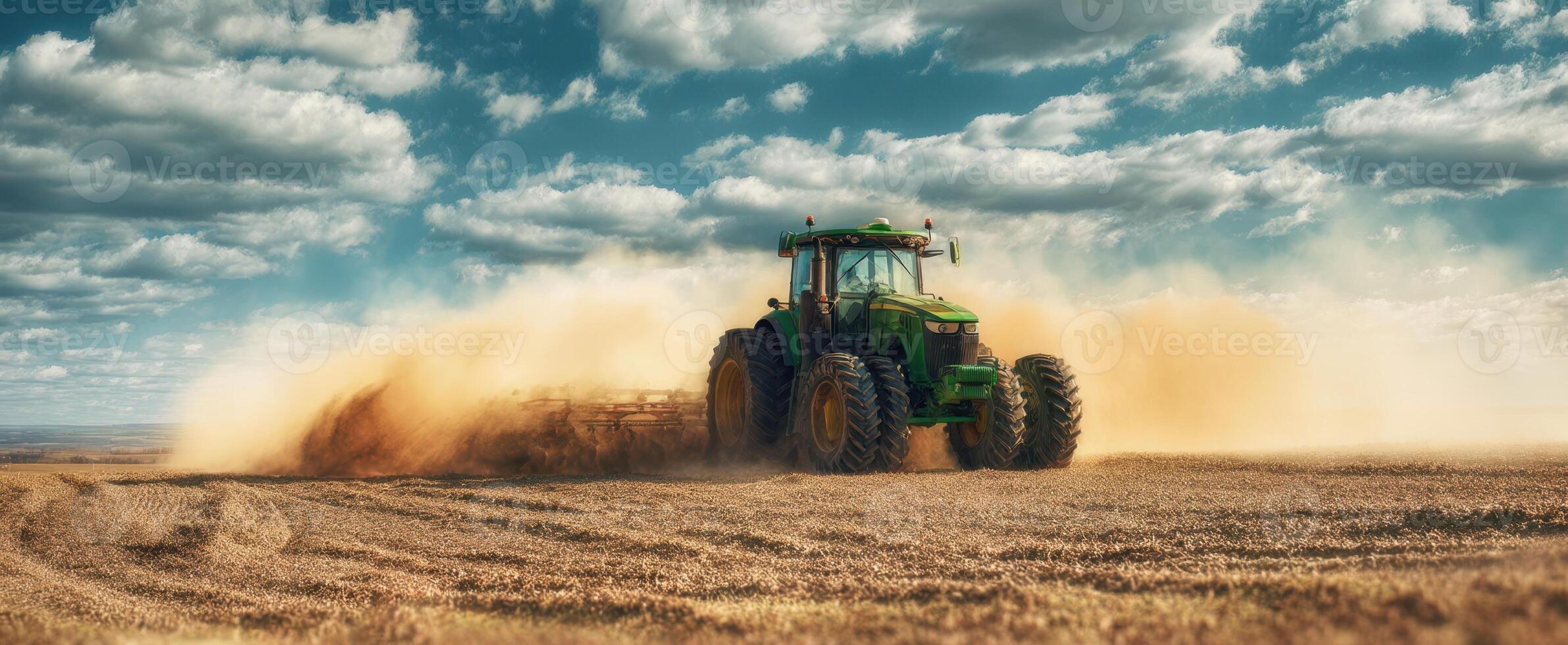 The tractor plowing a golden field under a dramatic sky filled with clouds. photo
