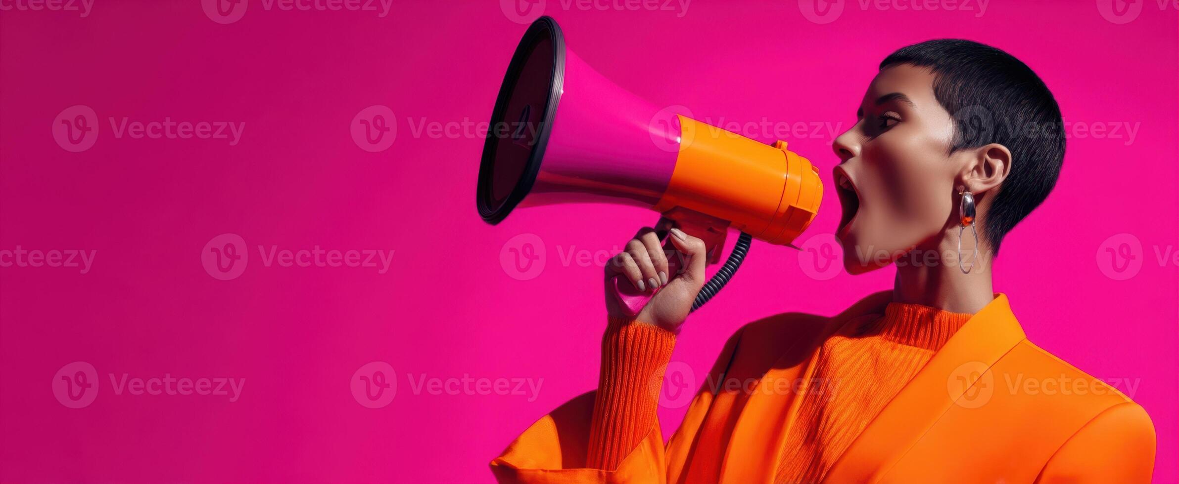 The vibrant woman with a megaphone exuding confidence and style. photo