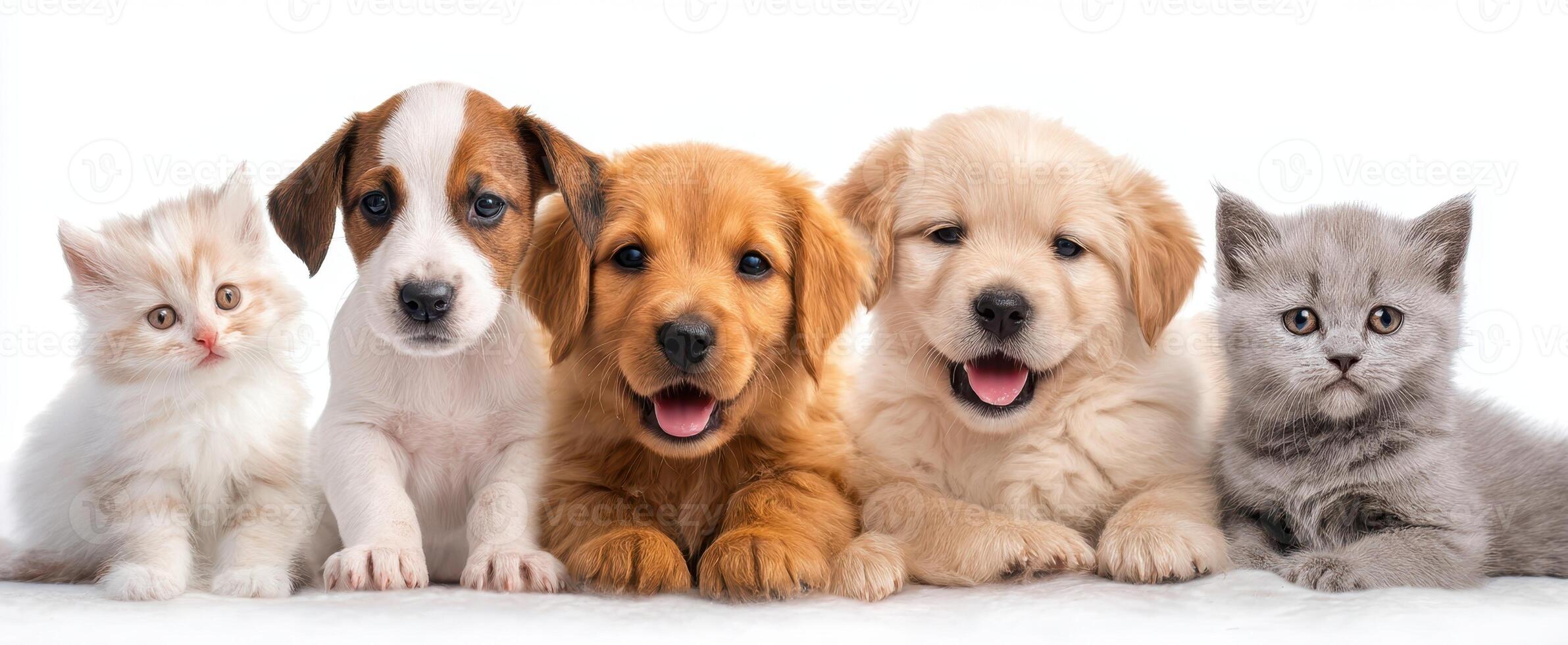 The adorable gathering of kittens and puppies in a playful setting. photo