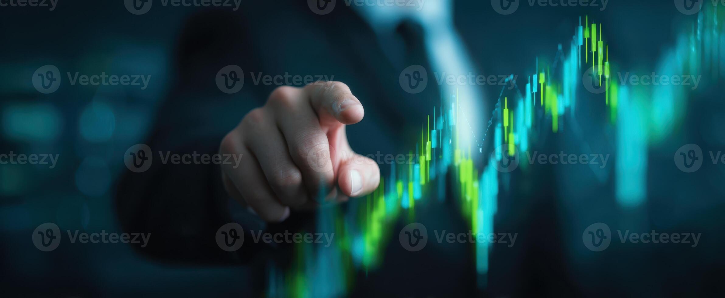 The businessman pointing at a digital growth chart in a futuristic setting. photo