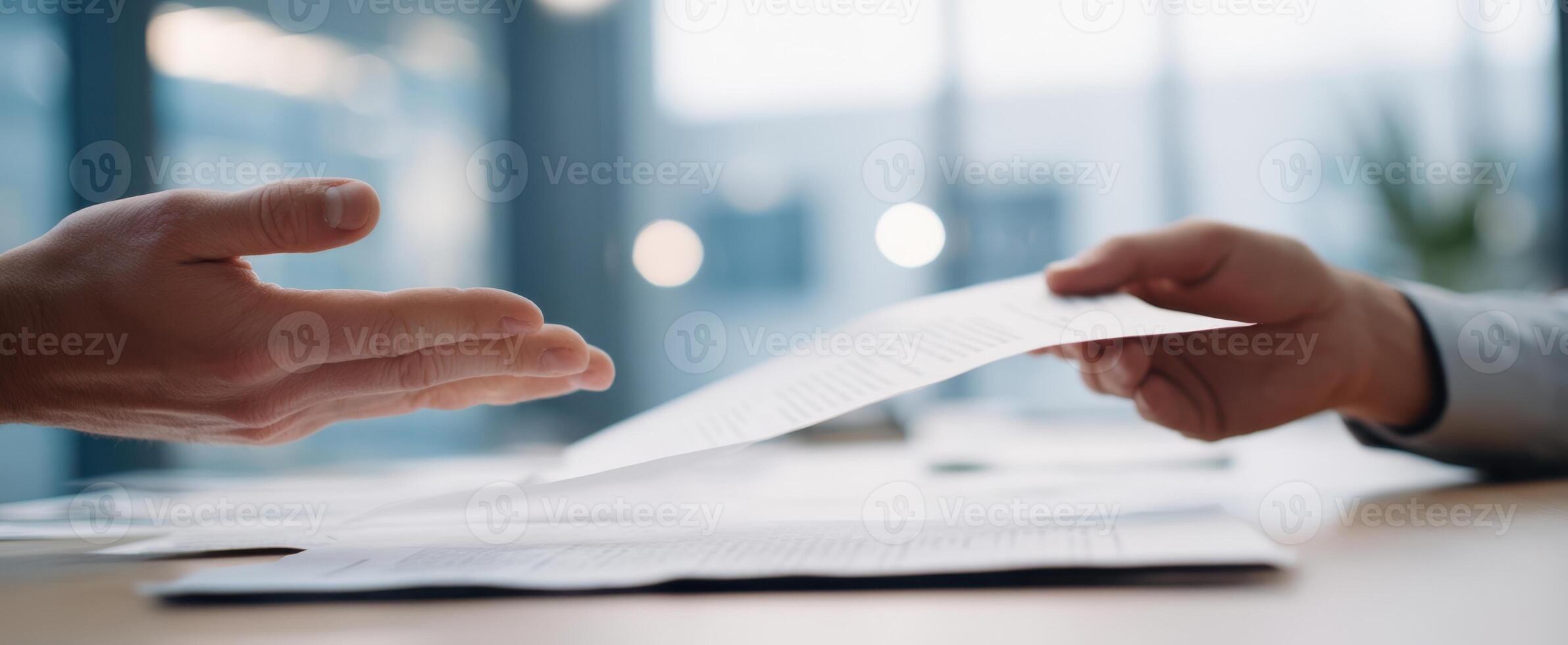 The exchange of important documents in a business meeting setting. photo