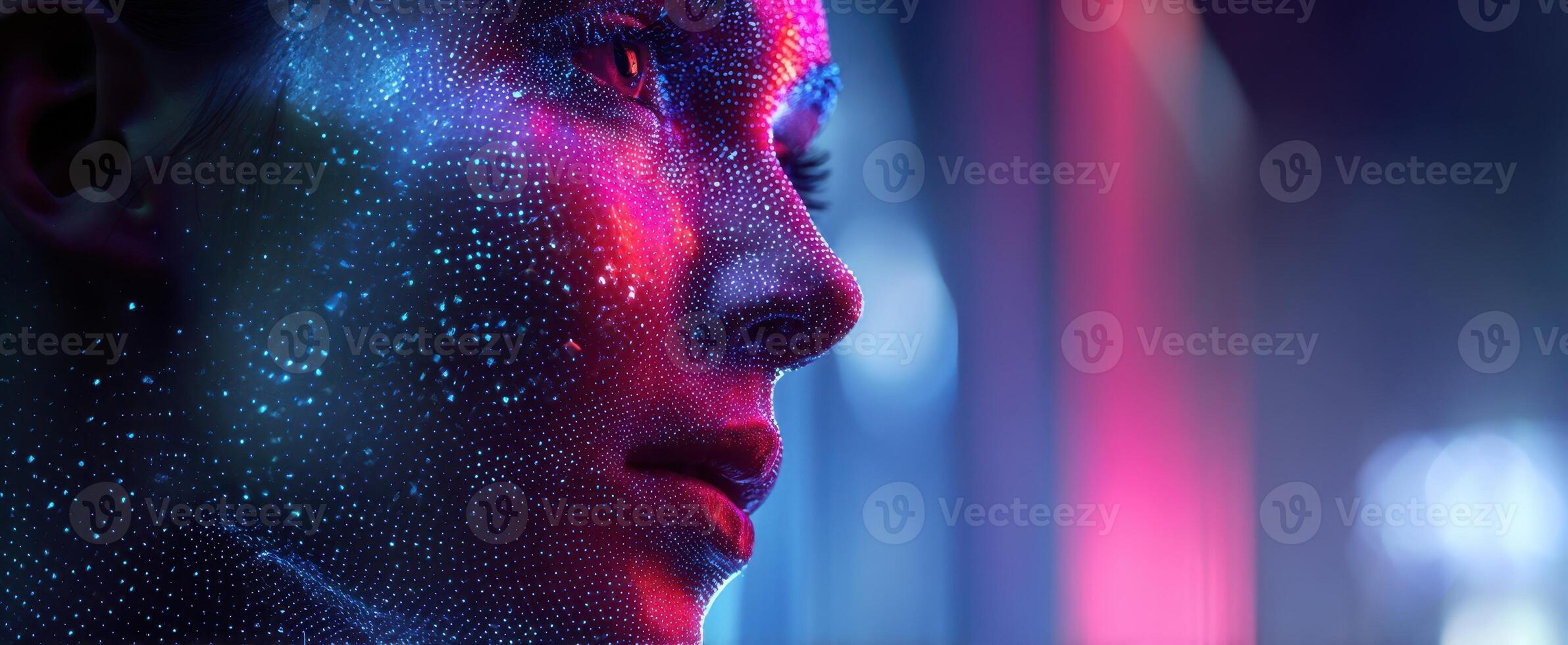 The stunning portrait of a futuristic woman illuminated by vibrant neon colors. photo