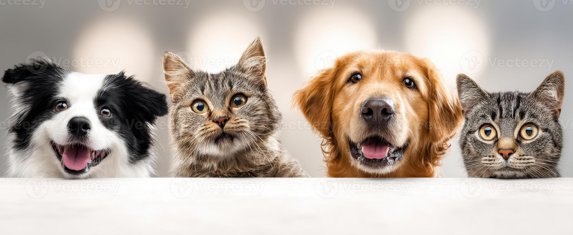 The adorable lineup of dogs and cats displaying joyful expressions in a studio setting. photo