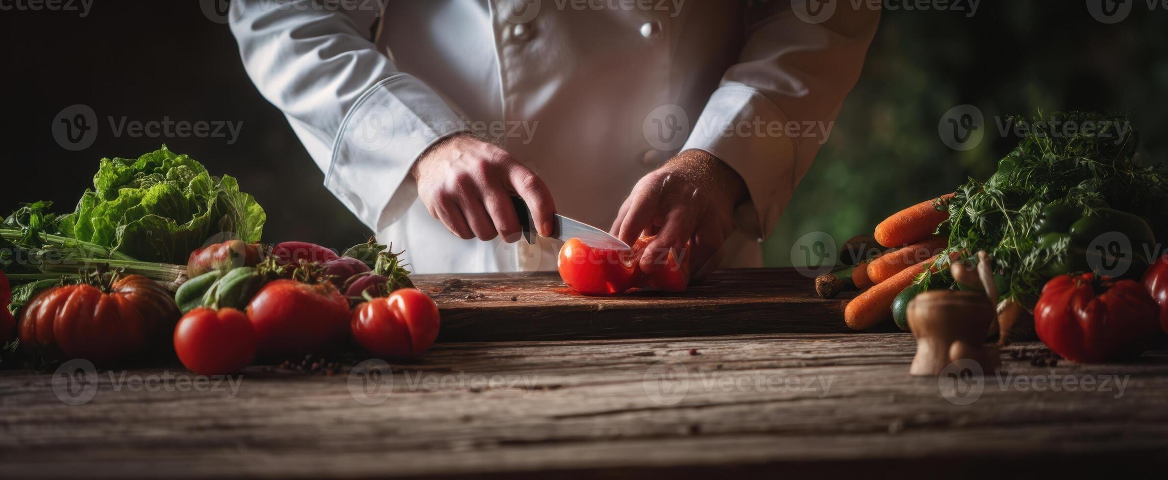 The chef skillfully prepares fresh ingredients in a rustic kitchen setting. photo