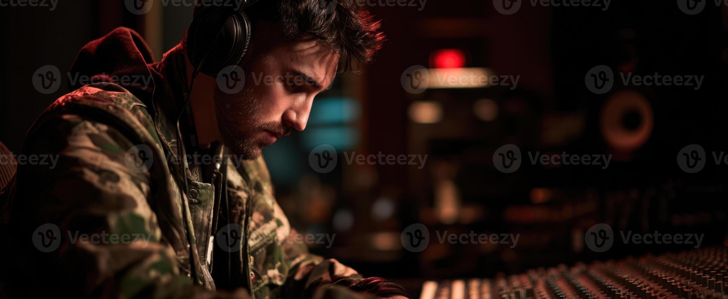 The musician immersed in the sound mixing experience in a vibrant studio environment. photo