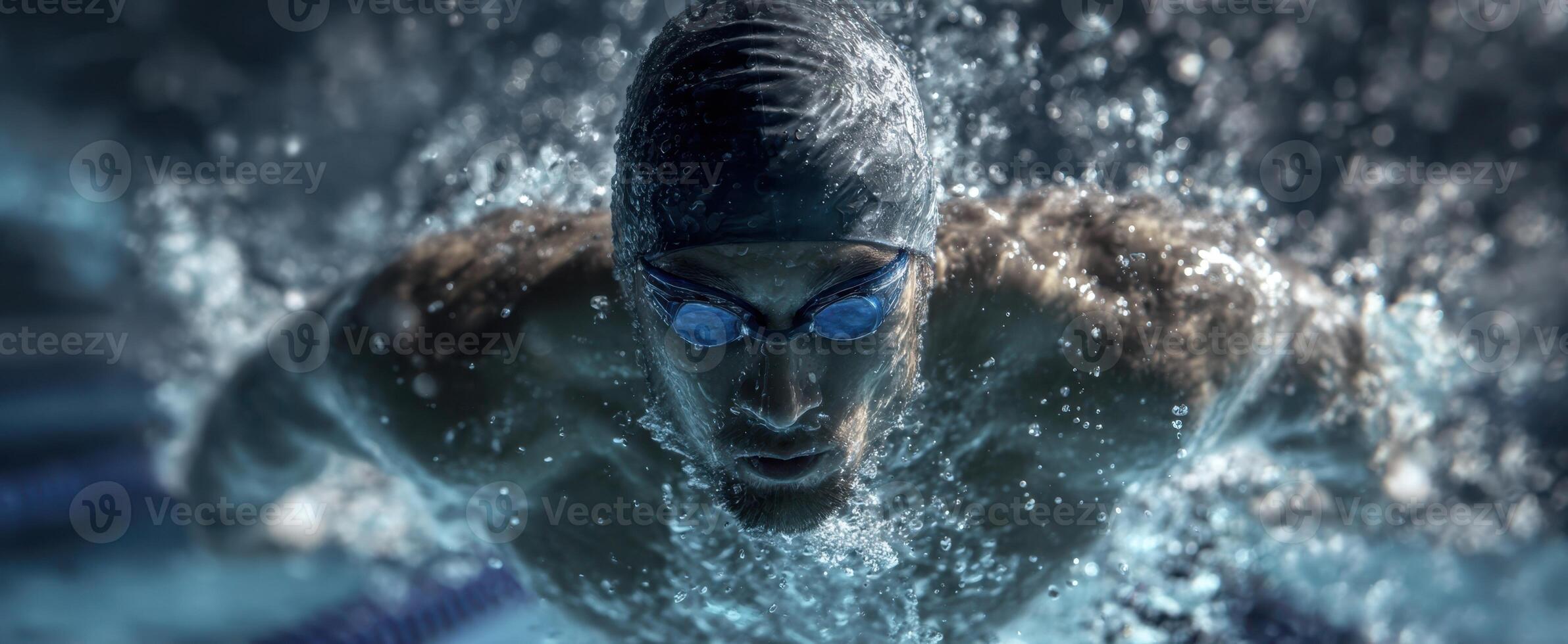 The dedicated swimmer propels through the water with exceptional speed and determination. photo