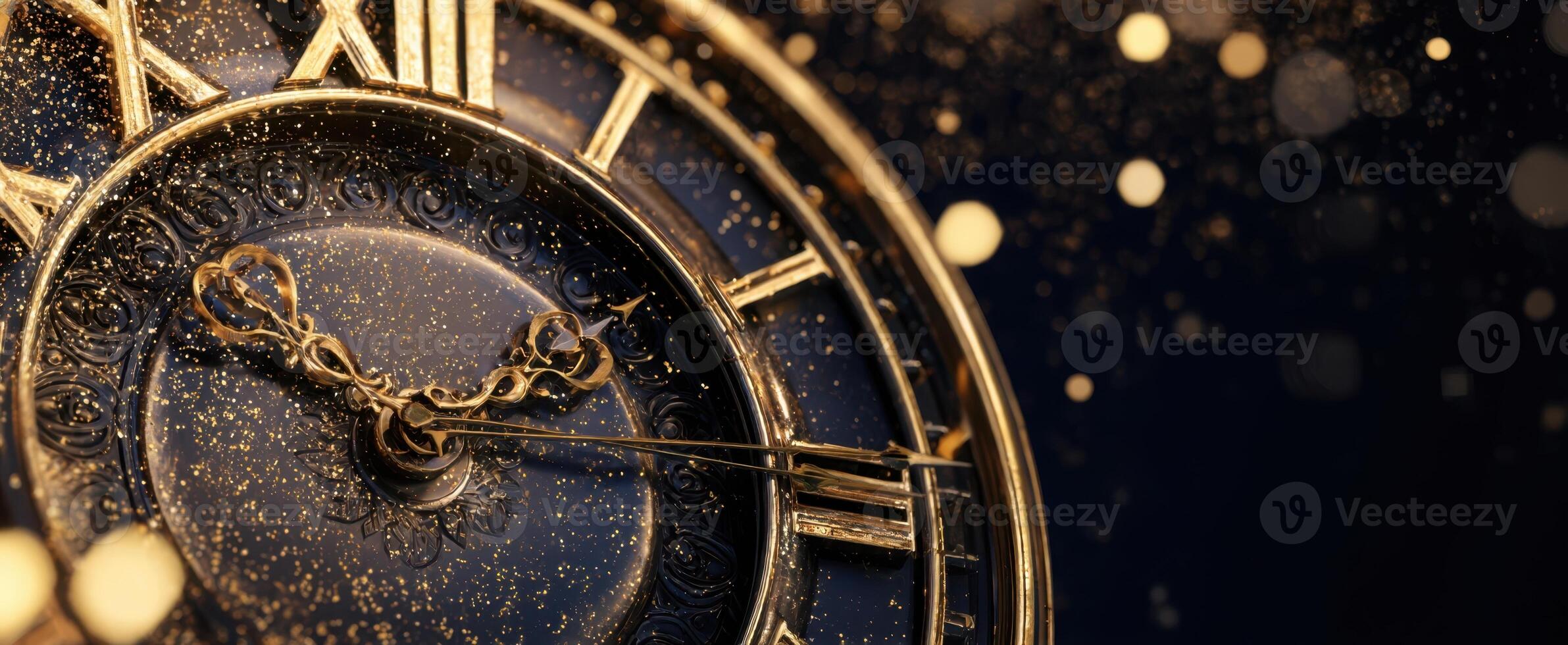 The elegant golden clock adorned with sparkling lights and rich details photo