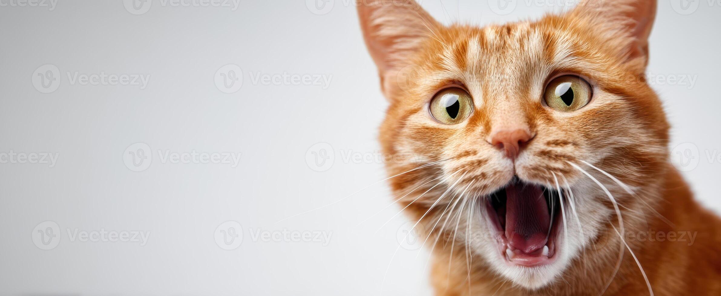 The cheerful orange cat expressing surprise and joy with its open mouth. photo