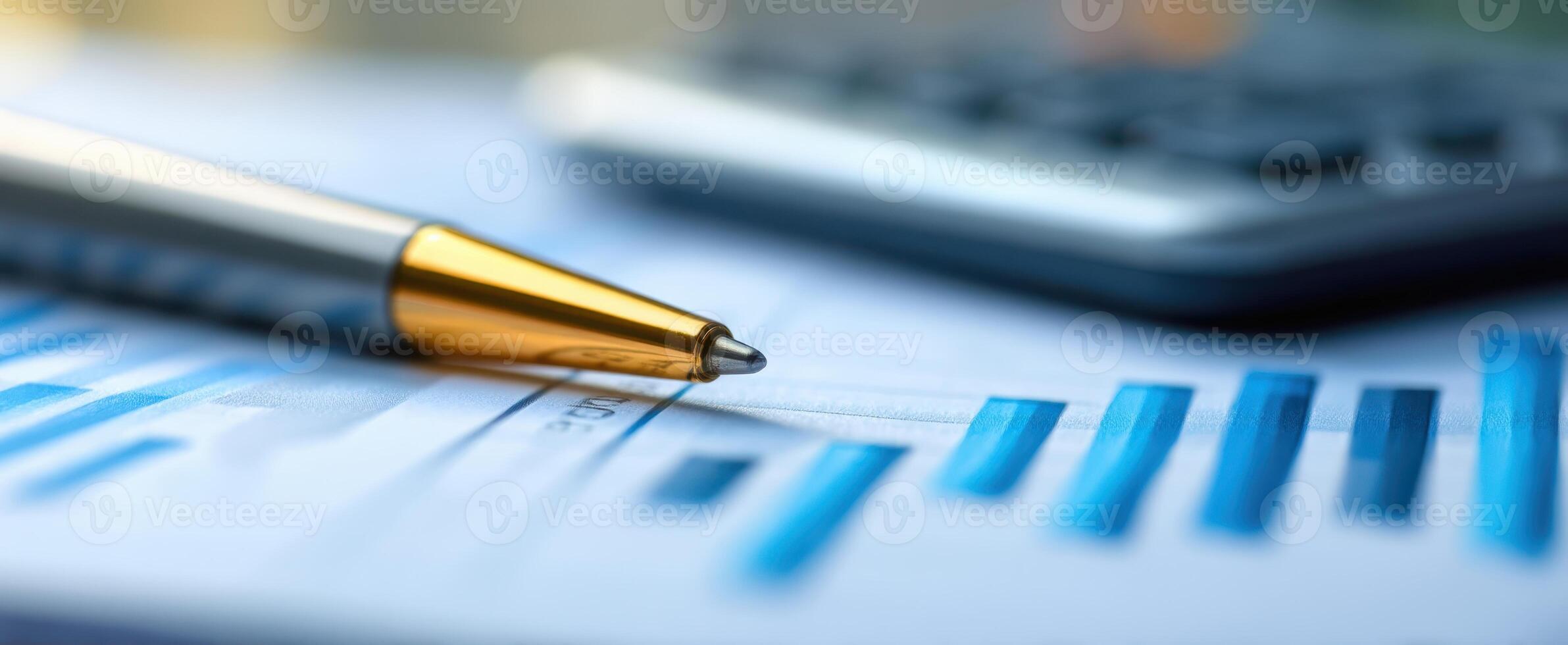 The pen resting on a financial report with a calculator in the background. photo
