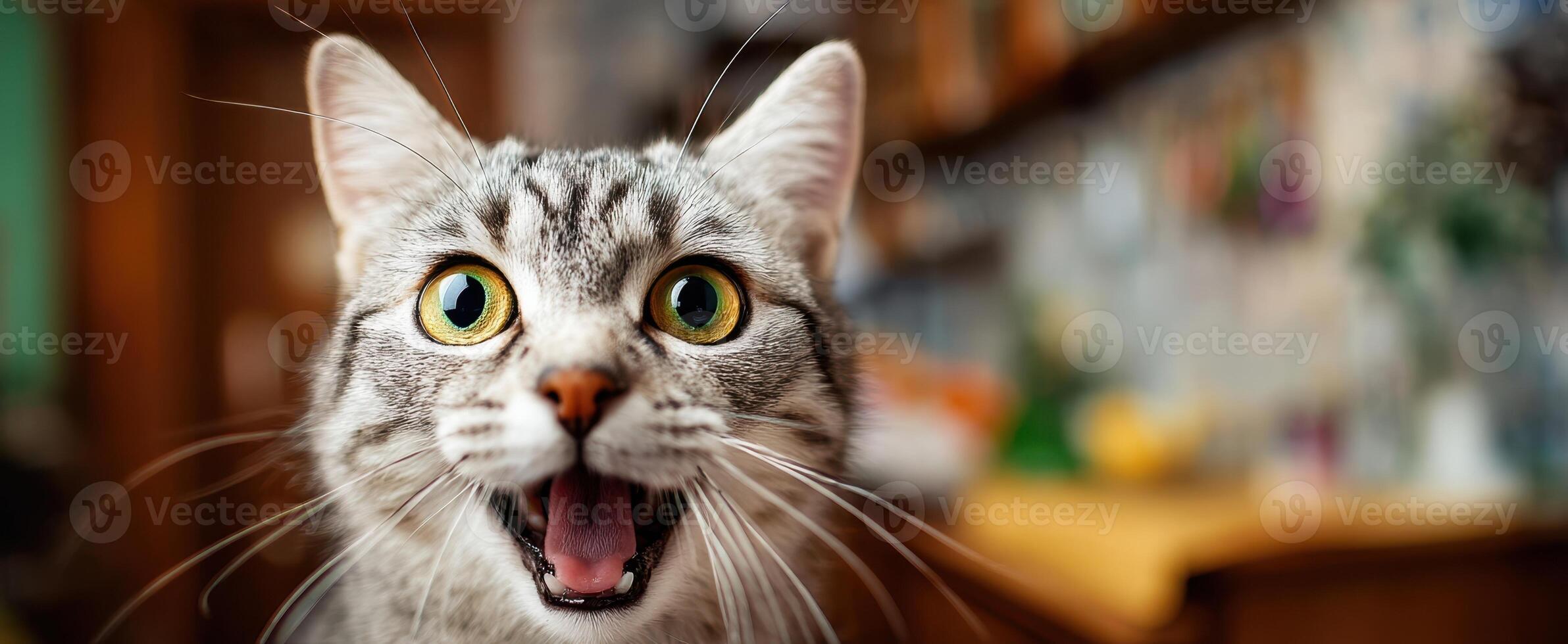 The excited cat expressing joy in a cozy home environment. photo