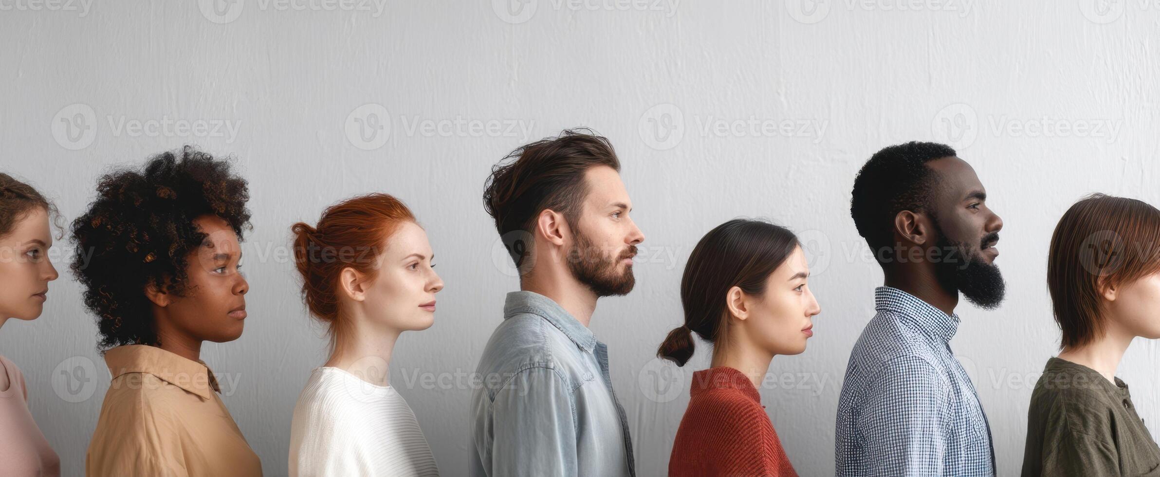 The diverse group of individuals standing side by side in profile. photo