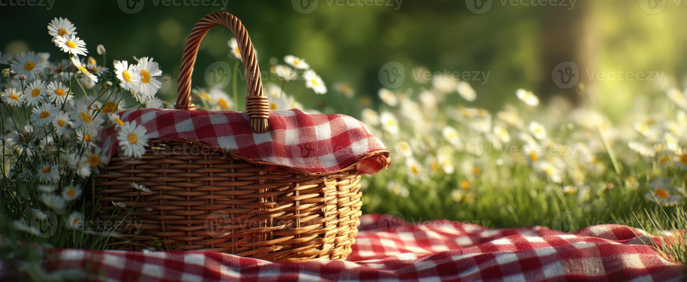 The charming picnic basket nestled among blooming daisies in a serene meadow. photo