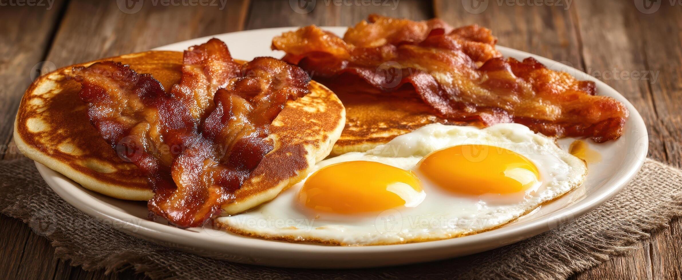 The mouthwatering breakfast plate with pancakes, bacon, and sunny-side-up eggs. photo