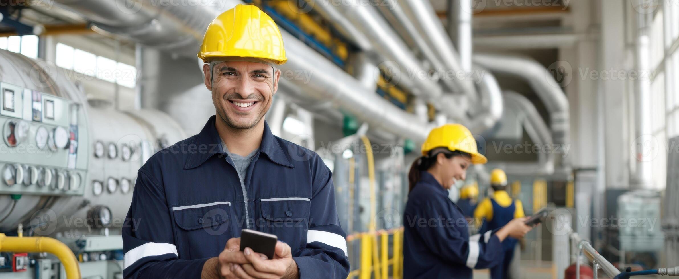 The smiling workers in helmets using mobile phones in an industrial setting. photo