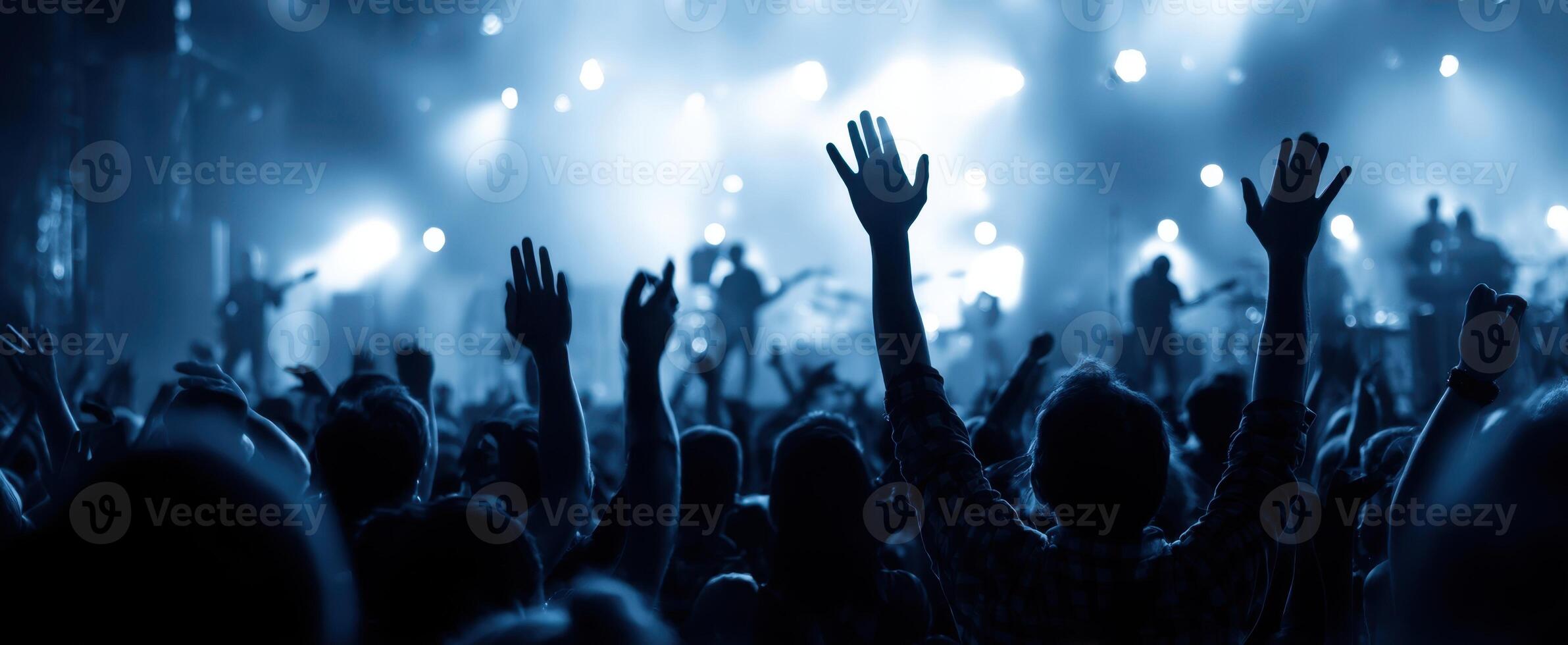 The enthusiastic crowd enjoying a vibrant live music concert under colorful lights photo