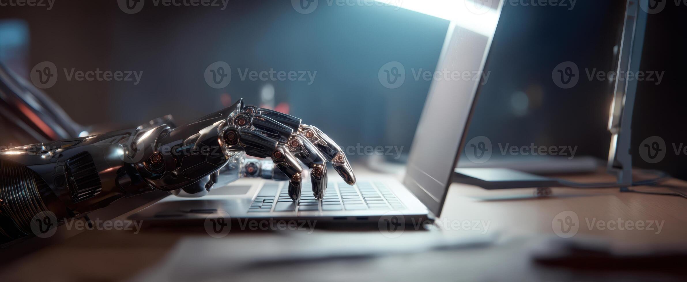 The robotic hand typing on a laptop in a futuristic workspace. photo