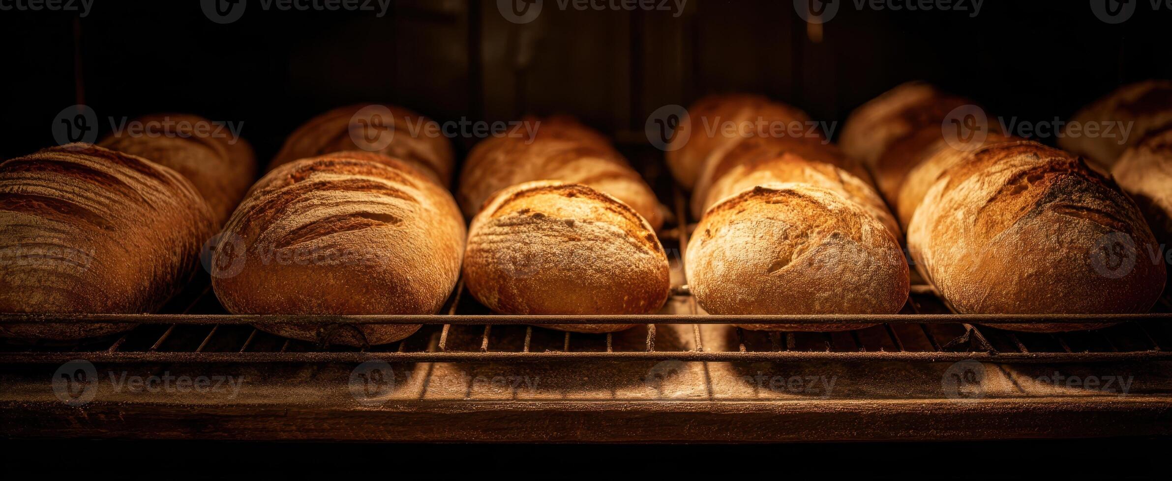 The warm, freshly baked loaves of bread cooling in the oven. photo