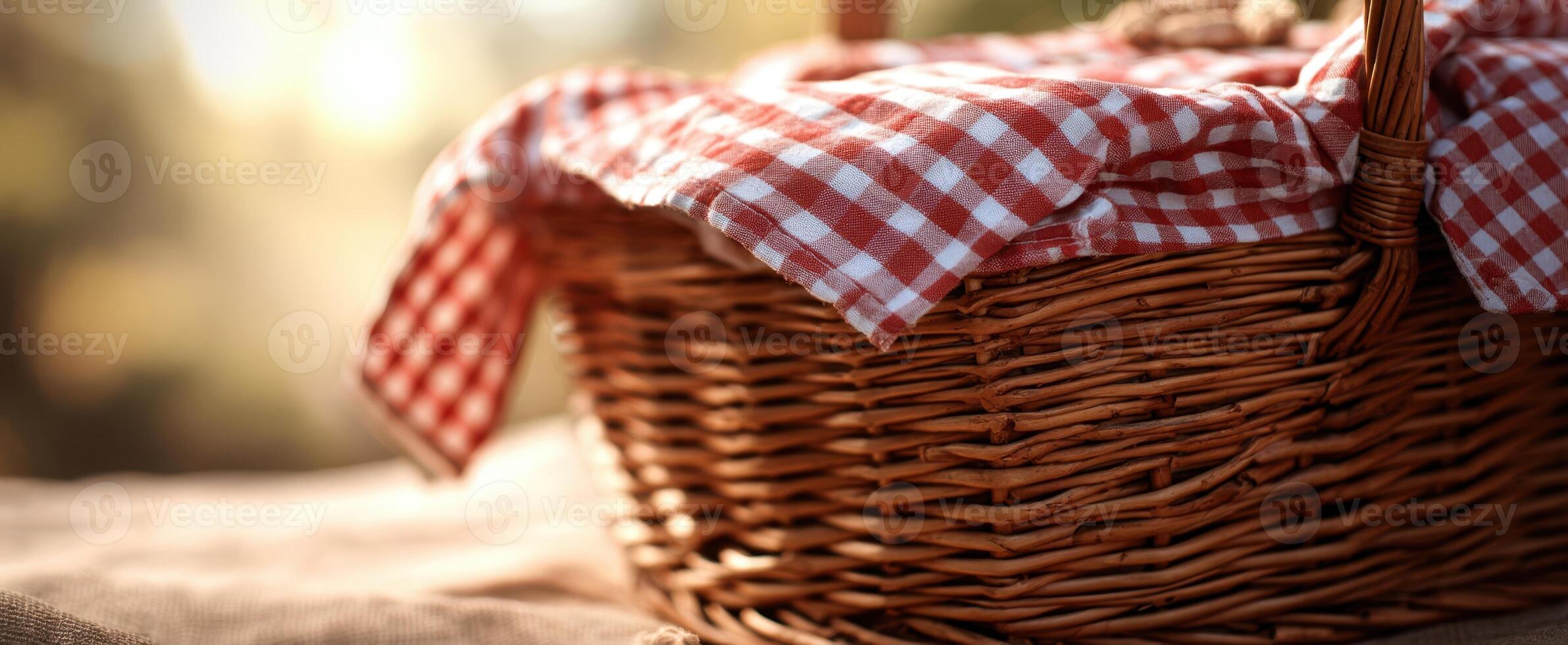 The wicker picnic basket draped with a checkered cloth under soft sunlight. photo