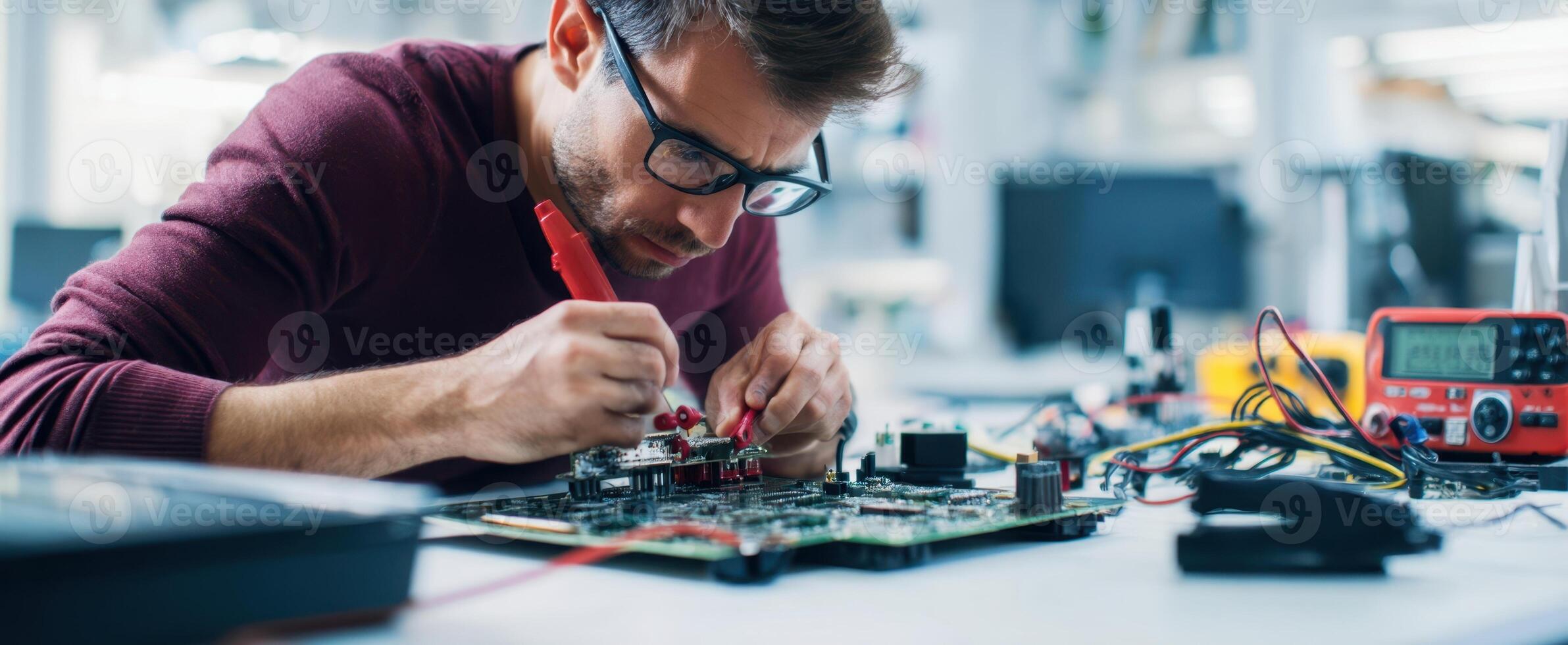 The technician focused on repairing a complex circuit board in a modern workspace. photo