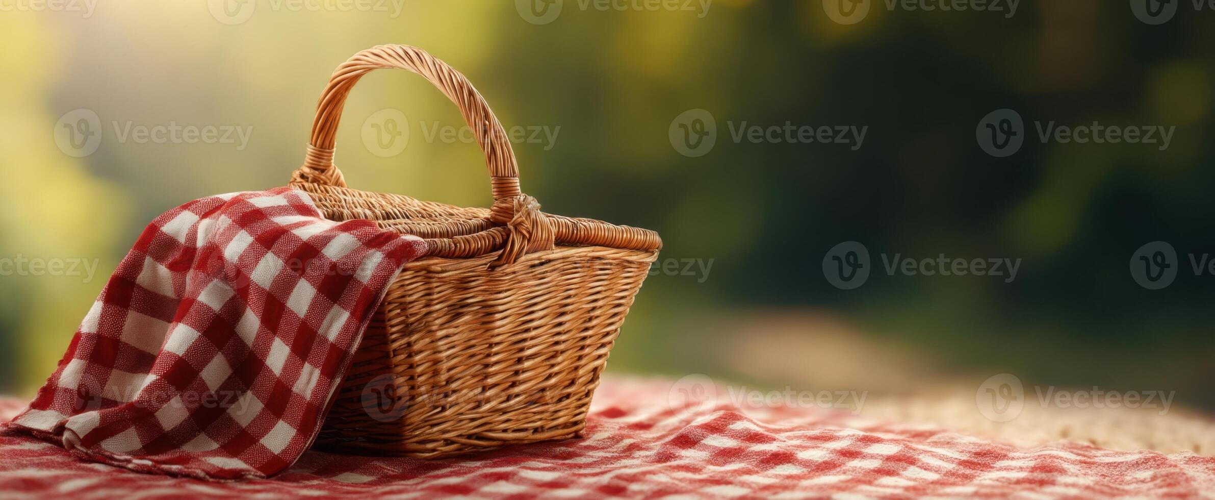 The wicker basket adorned with a checkered blanket in a serene outdoor setting. photo