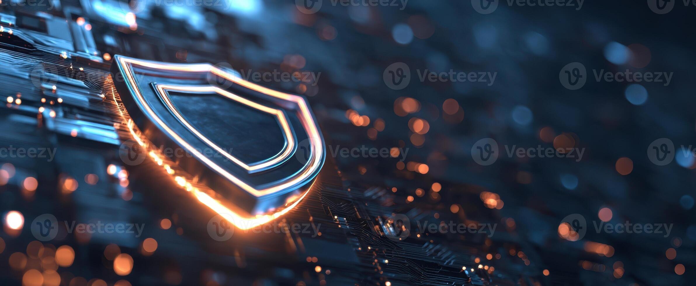 The futuristic shield symbolizing digital security and protection in technology. photo